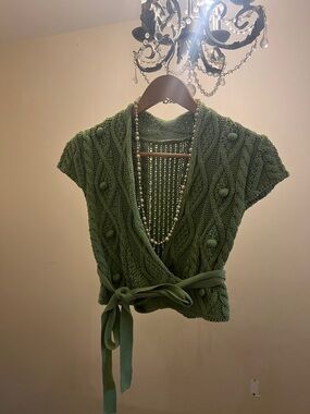 Free People Olive Green Cable-Knit Wrap Cardigan with Tie